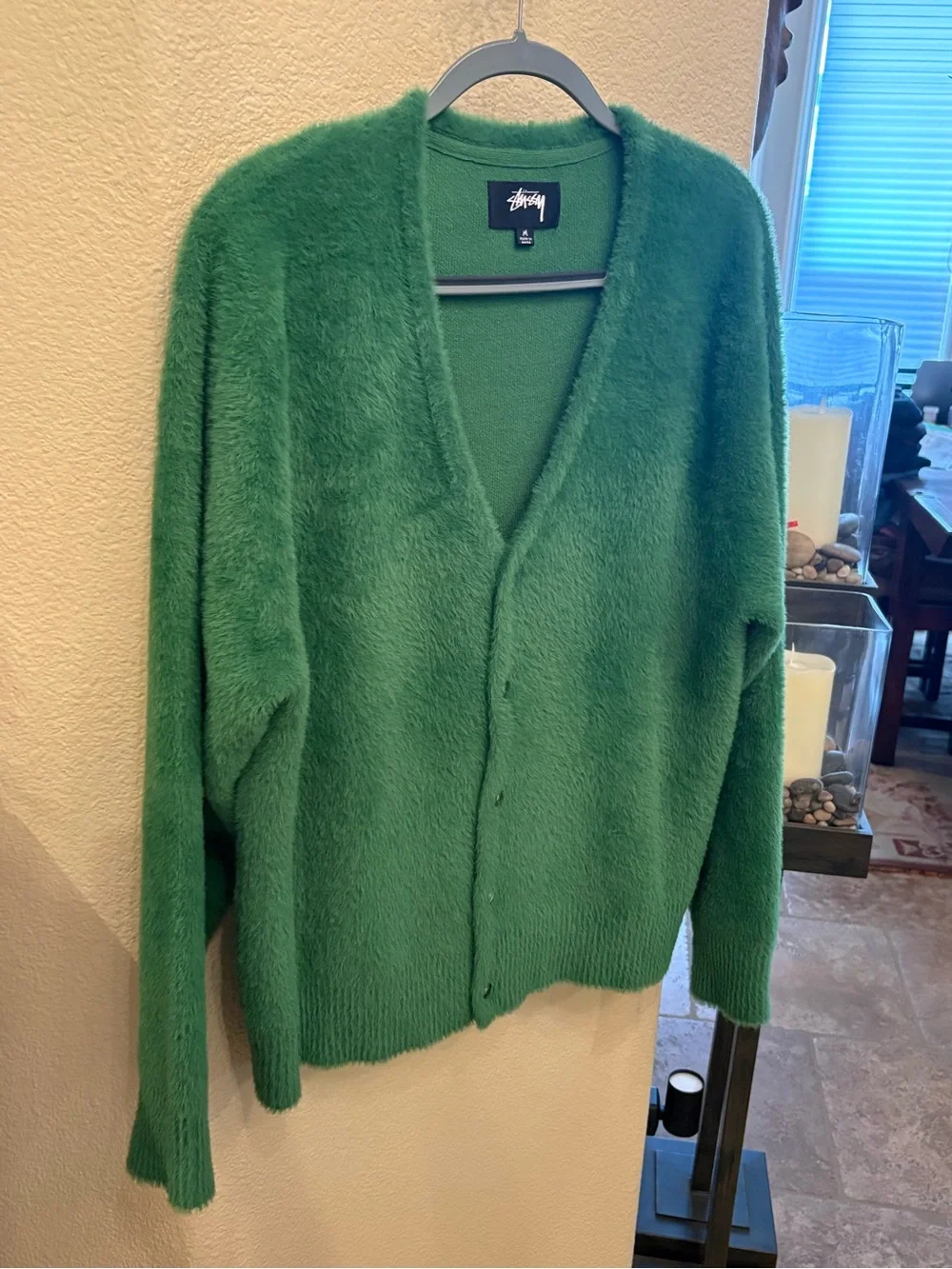 STUSSY Men Green Shaggy Fuzzy Mohair Style Button Cardigan Sweater Size Medium - Picture 2 of 8